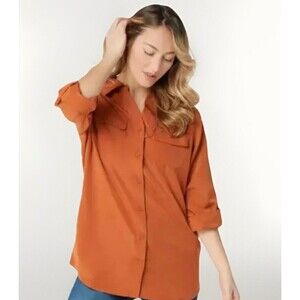 Denim & Co Roll Tab Button Front Utility Tunic Top Copper Boyfriend Shirt Large